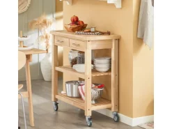 SoBuy Servierwagen mit 2 Ablagen Küchenwagen Küchenregal Kautschukholz 80x90x40cm Natur FKW24-N