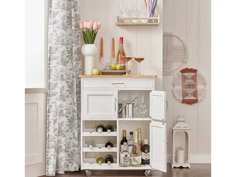 SoBuy Servierwagen mit Flaschenablagen Küchenwagen Rollwagen Weiß FKW45-WN