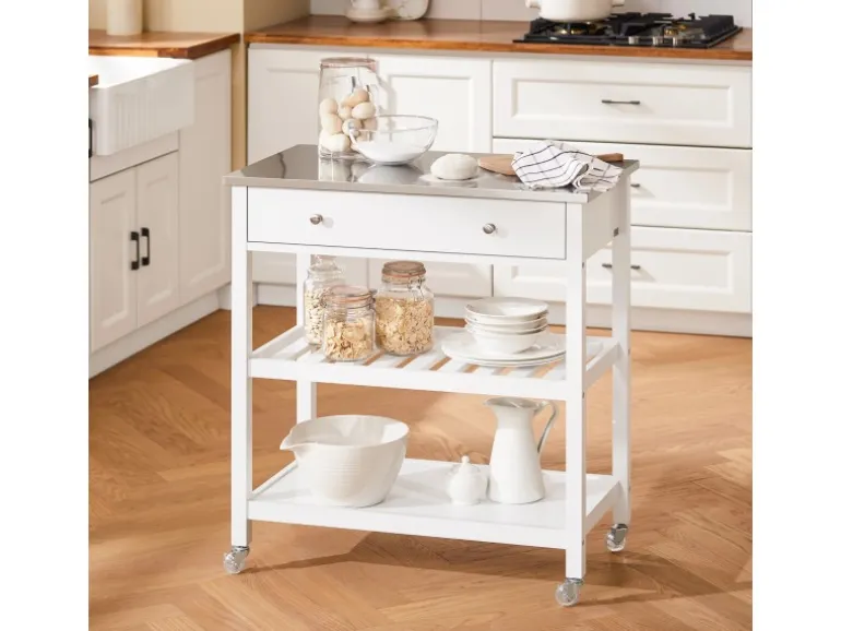 SoBuy Servierwagen mit Schublade und 2 Ablagen Rollwagen Küchenwagen FKW47-II-W