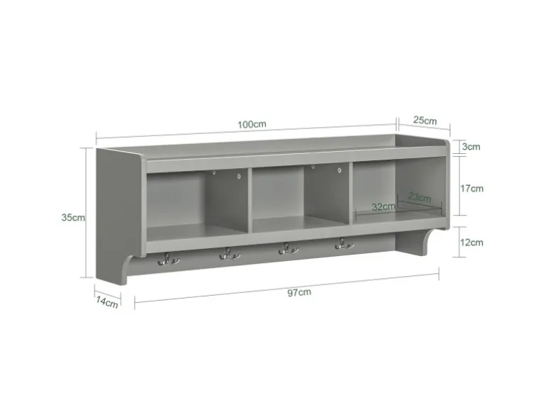 SoBuy Wandgarderobe mit 3 Körben und 4 Haken MDF Grau FHK28-HG