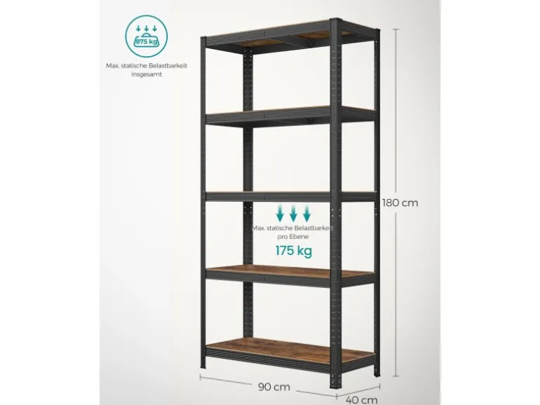 Songmics Lagerregal 40 cm x 90 cm x 180 cm Braun-Schwarz