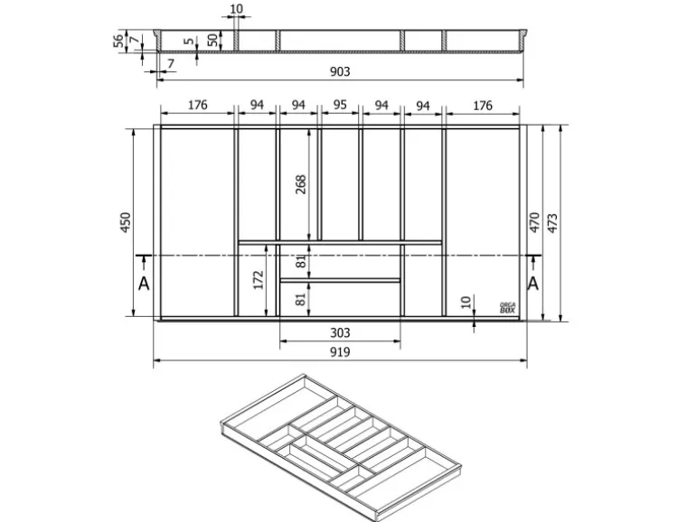 SOTECH Orga-Box-1 Bambus Besteckeinsatz 11 Fächer Für Blum Tandembox Antaro Schubladen 919x473x56 mm im 100er Schrank
