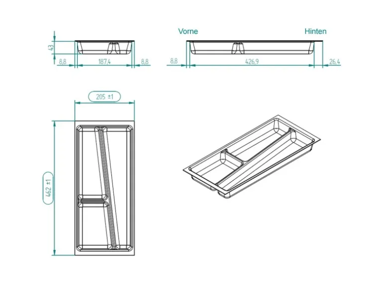SOTECH ORGA-BOX II Besteckeinsatz 300 mm Höhe 45 mm Silbergrau Für Nobilia Schubladen