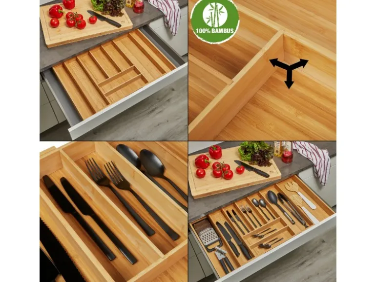 SOTECH ORGA-BOX UNIVERSAL Besteckkasten Aus Bambus Verstellbar Für Schrankbreite 700 - 900 mm Höhe 65 mm bis 9 Fächer