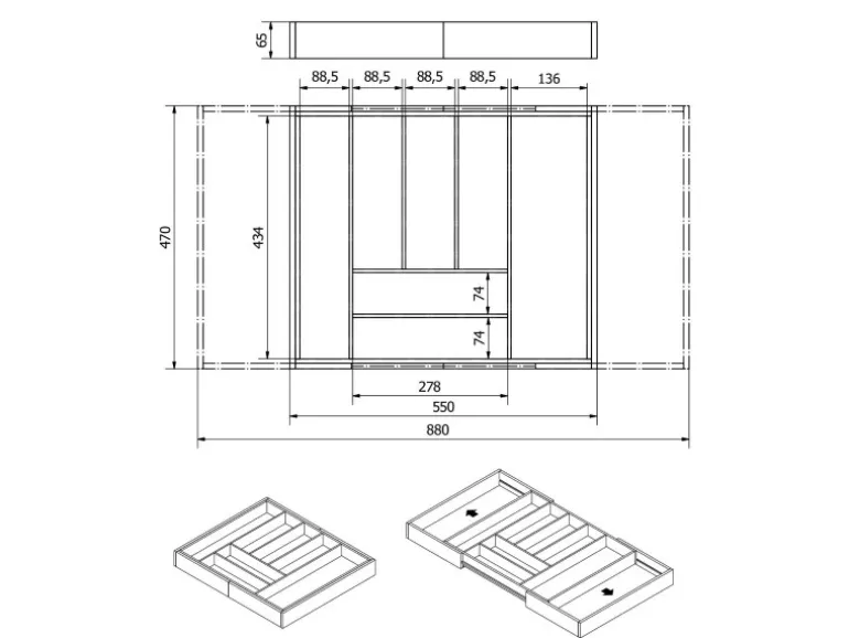SOTECH ORGA-BOX UNIVERSAL Besteckkasten Aus Bambus Verstellbar Für Schrankbreite 700 - 900 mm Höhe 65 mm bis 9 Fächer