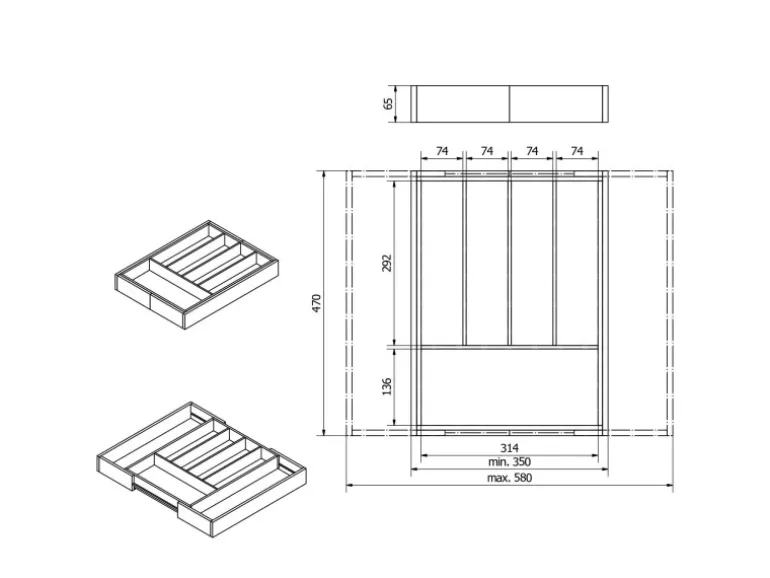 SOTECH ORGA-BOX UNIVERSAL Besteckkasten Aus Bambus Verstellbar Für Schrankbreite 500 - 600 mm Höhe 65 mm bis 7 Fächer