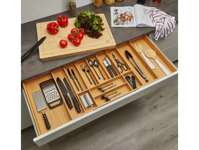 SOTECH ORGA-BOX UNIVERSAL Besteckkasten Aus Bambus Verstellbar Für Schrankbreite 900 - 1200 mm Höhe 65 mm bis 13 Fächer