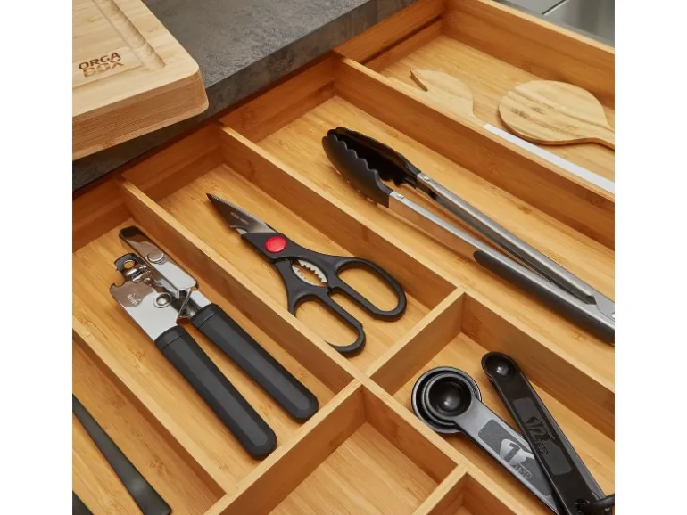 SOTECH ORGA-BOX UNIVERSAL Besteckkasten Aus Bambus Verstellbar Für Schrankbreite 900 - 1200 mm Höhe 65 mm bis 13 Fächer