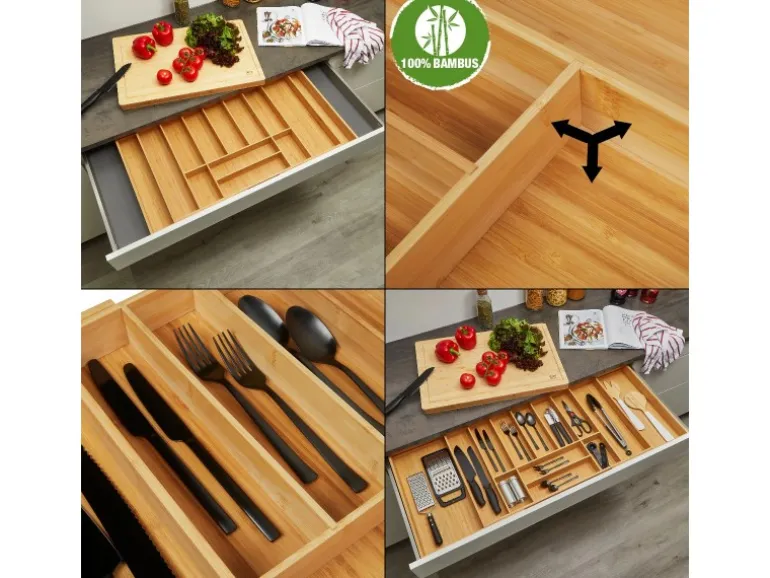SOTECH ORGA-BOX UNIVERSAL Besteckkasten Aus Bambus Verstellbar Für Schrankbreite 900 - 1200 mm Höhe 65 mm bis 13 Fächer