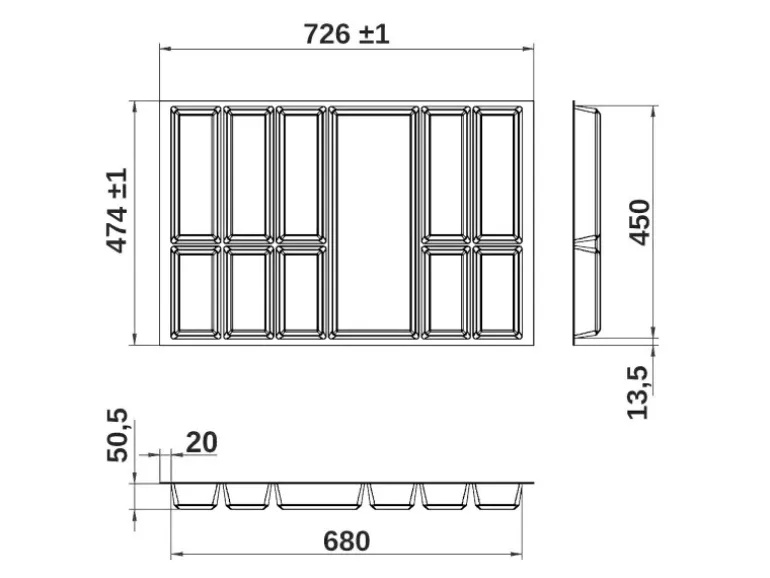 SOTECH Orga-Box VII Besteckeinsatz Basaltgrau 800 mm Höhe 50,5 mm mit Softtouch Oberfläche