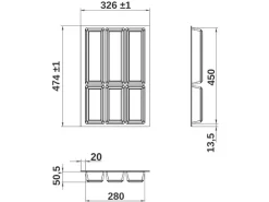 SOTECH Orga-Box VII Besteckeinsatz Basaltgrau 400 mm Höhe 50,5 mm mit Softtouch Oberfläche