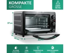 Steinborg SB-3015 Minibackofen 15 Liter 1300 Watt Schwarz