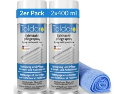 Toldoro Set 2x Edelstahl Pflegespray 400ml Edelstahlreiniger für Küche oder Grill Edelstahlpflege Spray als Reinigungsmittel oder Metallreiniger