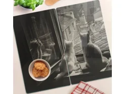 Tulup Herdabdeckplatte SET aus 2 Stück 30x52 cm Schneidebrett Glas Schutzplatte Küchenutensilien Katzen im Fenster