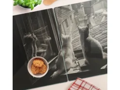 Tulup Herdabdeckplatte SET aus 2 Stück 40x52 cm Schneidebrett aus Glas Schutzplatte Spritzschutz Katzen im Fenster