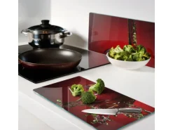 Tulup Herdabdeckplatte SET aus 2 Stück 30x52 cm Glas-Servierbrett Küchenutensilien Spritzschutz Apfel und Wasser