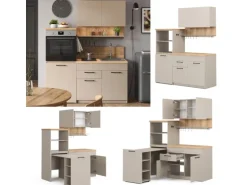 Vicco Egbert SingleKüche Greige 160 cm mit Ausziehbarem Tisch mit LED-LeistenEgbert ohne E-Geräte