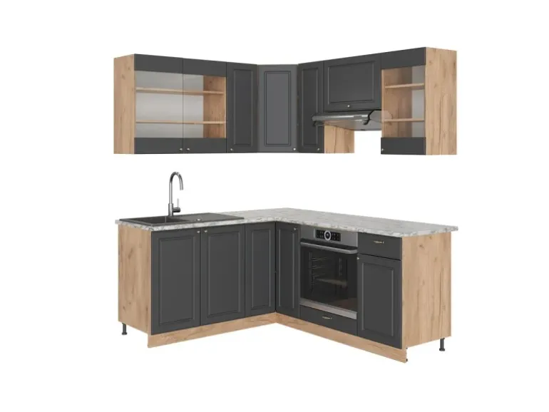 Vicco Fame-Line Eckküche Anthrazit Landhaus/Goldkraft Eiche 160 x 190 cm AP Marmor ohne E-Geräte