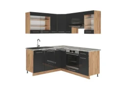 Vicco Fame-Line Eckküche Anthrazit Hochglanz/Goldkraft Eiche 160 x 190 cm AP Marmor ohne E-Geräte