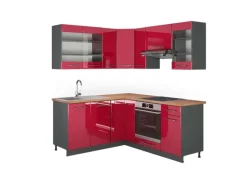 Vicco Fame-Line Eckküche Bordeaux Hochglanz/Anthrazit 160 x 190 cm AP Eiche ohne E-Geräte