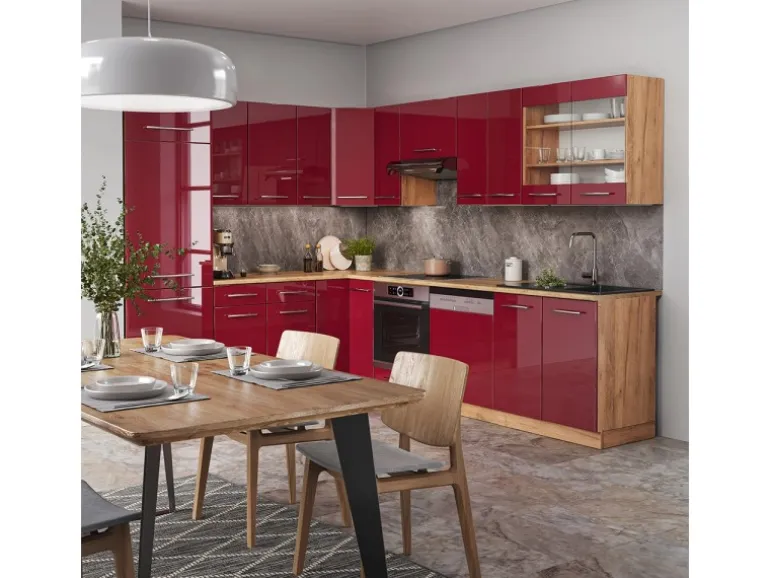 Vicco Fame-Line Eckküche Bordeaux Hochglanz/Goldkraft Eiche 227 x 287 cm AP Marmor ohne E-Geräte