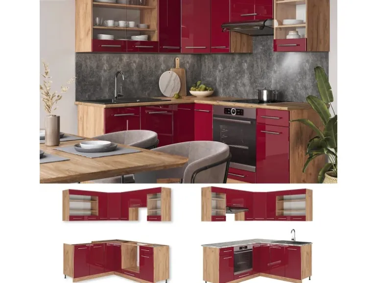 Vicco Fame-Line Eckküche Bordeaux Hochglanz/Goldkraft Eiche 160 x 60 cm ohne Arbeitsplatte ohne E-Geräte