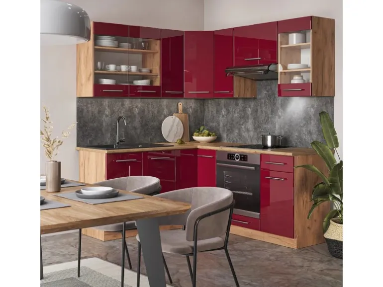 Vicco Fame-Line Eckküche Bordeaux Hochglanz/Goldkraft Eiche 160 x 60 cm ohne Arbeitsplatte ohne E-Geräte