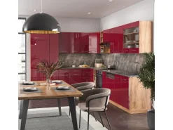 Vicco Fame-Line Eckküche Bordeaux Hochglanz/Goldkraft Eiche 347 x 257 cm AP Eiche ohne E-Geräte