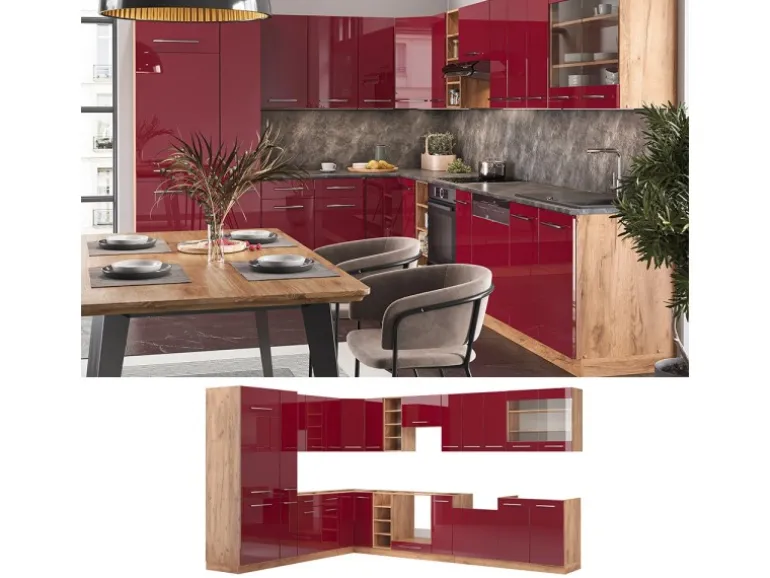 Vicco Fame-Line Eckküche Bordeaux Hochglanz/Goldkraft Eiche 347 x 257 cm ohne Arbeitsplatte ohne E-Geräte