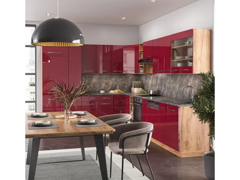 Vicco Fame-Line Eckküche Bordeaux Hochglanz/Goldkraft Eiche 347 x 257 cm ohne Arbeitsplatte ohne E-Geräte