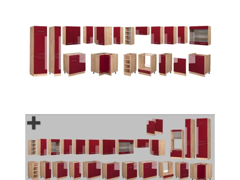 Vicco Fame-Line Eckküche Bordeaux Hochglanz/Goldkraft Eiche 347 x 257 cm ohne Arbeitsplatte ohne E-Geräte