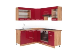 Vicco Fame-Line Eckküche Bordeaux Hochglanz/Goldkraft Eiche 160 x 190 cm AP Eiche ohne E-Geräte