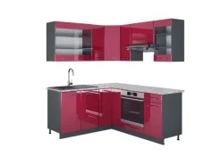 Vicco Fame-Line Eckküche Bordeaux Hochglanz/Anthrazit 160 x 190 cm AP Marmor ohne E-Geräte
