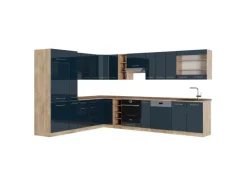 Vicco Fame-Line Eckküche Dunkelblau Hochglanz/Goldkraft Eiche 257 x 60 cm ohne Arbeitsplatte ohne E-Geräte