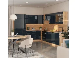 Vicco Fame-Line Eckküche Dunkelblau Hochglanz/Goldkraft Eiche 257 x 60 cm ohne Arbeitsplatte ohne E-Geräte