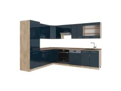 Vicco Fame-Line Eckküche Dunkelblau Hochglanz/Goldkraft Eiche 227 x 287 cm AP Eiche ohne E-Geräte