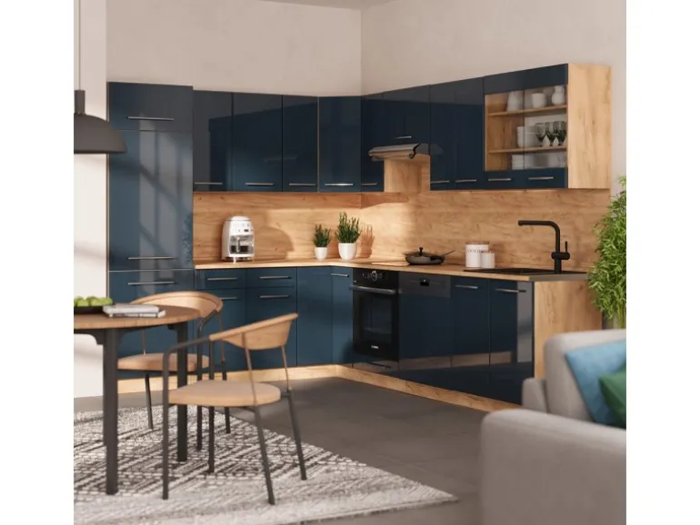 Vicco Fame-Line Eckküche Dunkelblau Hochglanz/Goldkraft Eiche 227 x 287 cm AP Anthrazit ohne E-Geräte