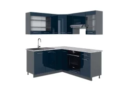 Vicco Fame-Line Eckküche Dunkelblau Hochglanz/Anthrazit 160 x 190 cm AP Marmor ohne E-Geräte