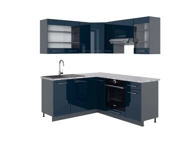 Vicco Fame-Line Eckküche Dunkelblau Hochglanz/Anthrazit 160 x 190 cm AP Marmor ohne E-Geräte