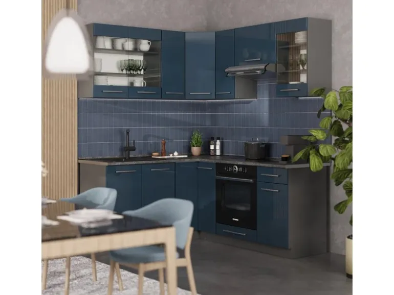 Vicco Fame-Line Eckküche Dunkelblau Hochglanz/Anthrazit 160 x 190 cm AP Marmor ohne E-Geräte