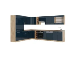 Vicco Fame-Line Eckküche Dunkelblau Hochglanz/Goldkraft Eiche 257 x 60 cm AP Eiche ohne E-Geräte