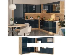 Vicco Fame-Line Eckküche Dunkelblau Hochglanz/Goldkraft Eiche 257 x 60 cm AP Eiche ohne E-Geräte