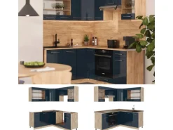 Vicco Fame-Line Eckküche Dunkelblau Hochglanz/Goldkraft Eiche 160 x 190 cm AP Marmor ohne E-Geräte