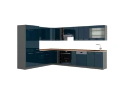 Vicco Fame-Line Eckküche Dunkelblau Hochglanz/Anthrazit 257 x 60 cm AP Eiche ohne E-Geräte