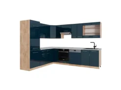 Vicco Fame-Line Eckküche Dunkelblau Hochglanz/Goldkraft Eiche 227 x 287 cm AP Marmor ohne E-Geräte