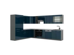 Vicco Fame-Line Eckküche Dunkelblau Hochglanz/Anthrazit 257 x 60 cm AP Marmor ohne E-Geräte