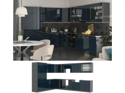 Vicco Fame-Line Eckküche Dunkelblau Hochglanz/Anthrazit 257 x 60 cm AP Marmor ohne E-Geräte