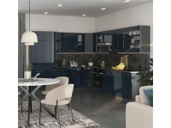 Vicco Fame-Line Eckküche Dunkelblau Hochglanz/Anthrazit 257 x 60 cm AP Marmor ohne E-Geräte