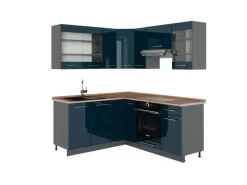 Vicco Fame-Line Eckküche Dunkelblau Hochglanz/Anthrazit 160 x 190 cm AP Eiche ohne E-Geräte