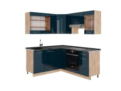 Vicco Fame-Line Eckküche Dunkelblau Hochglanz/Goldkraft Eiche 160 x 190 cm AP Anthrazit ohne E-Geräte